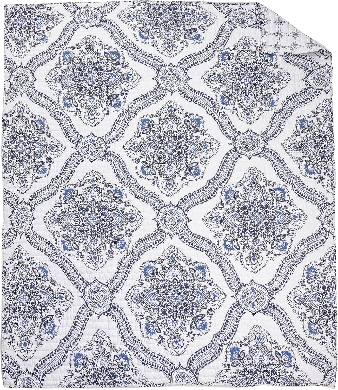 Navy Medallion Tile Quilted Cotton Throw 50x60in, Reversible