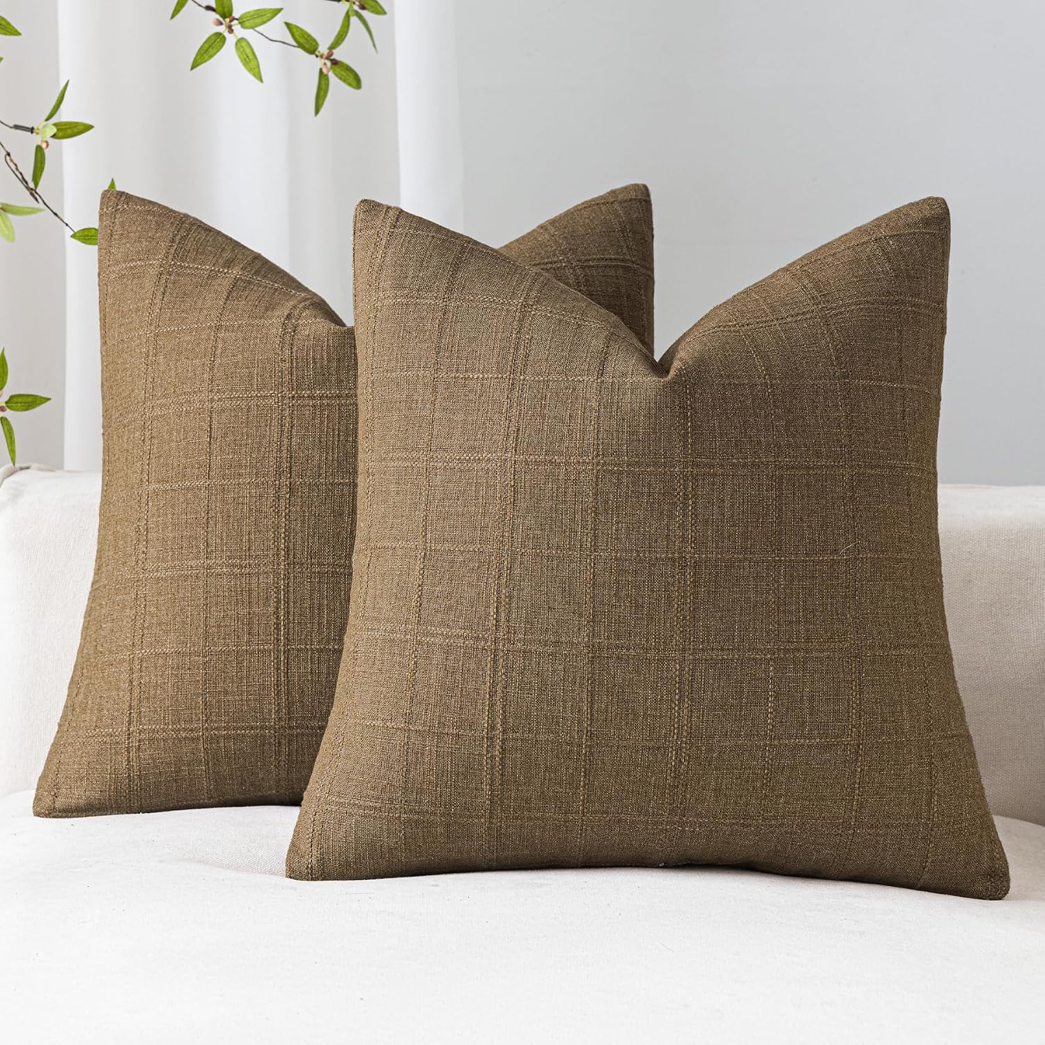Brown Check Linen Pillow Covers Set of 2, 28"x28"