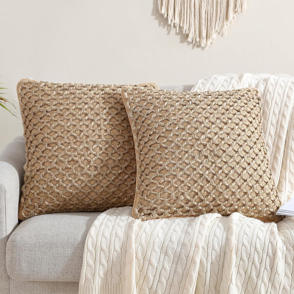 Beige Woven Pillow Covers 2 Pack 20×20 Inch