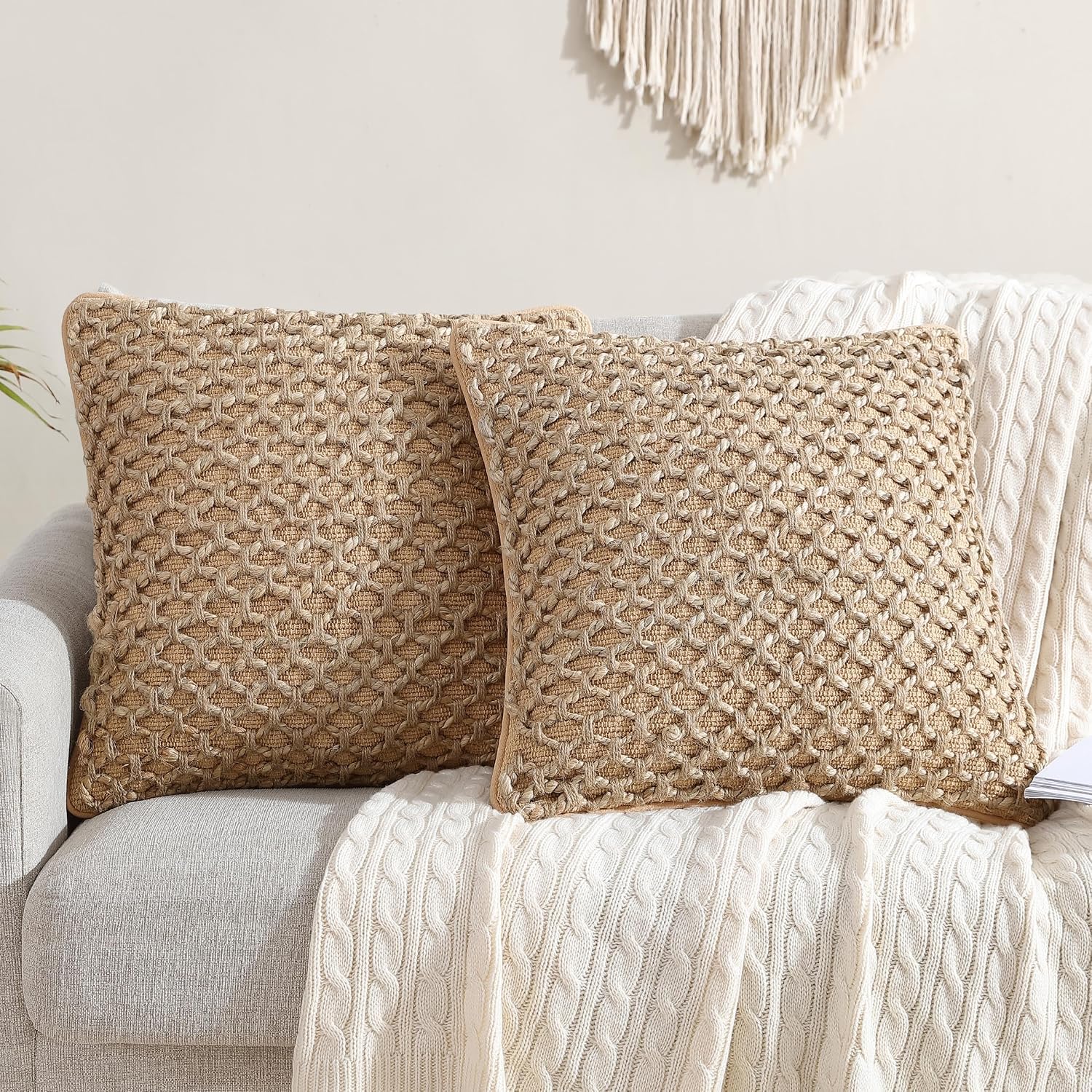 Beige Woven Pillow Covers 2 Pack 20×20 Inch